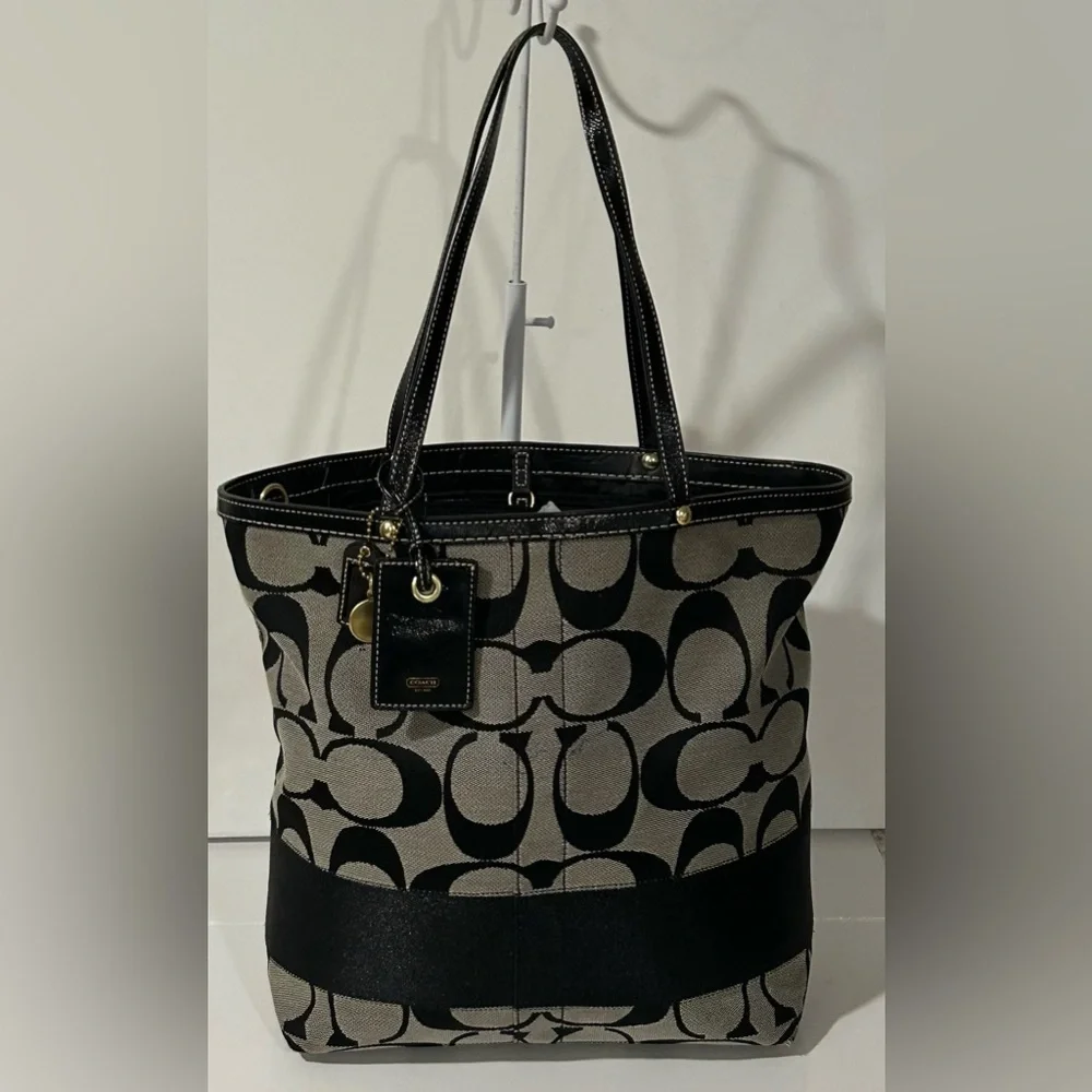 Coach Signature Black Gray Canvas Leather structured logo Shoulder Bag - Picture 6 of 16